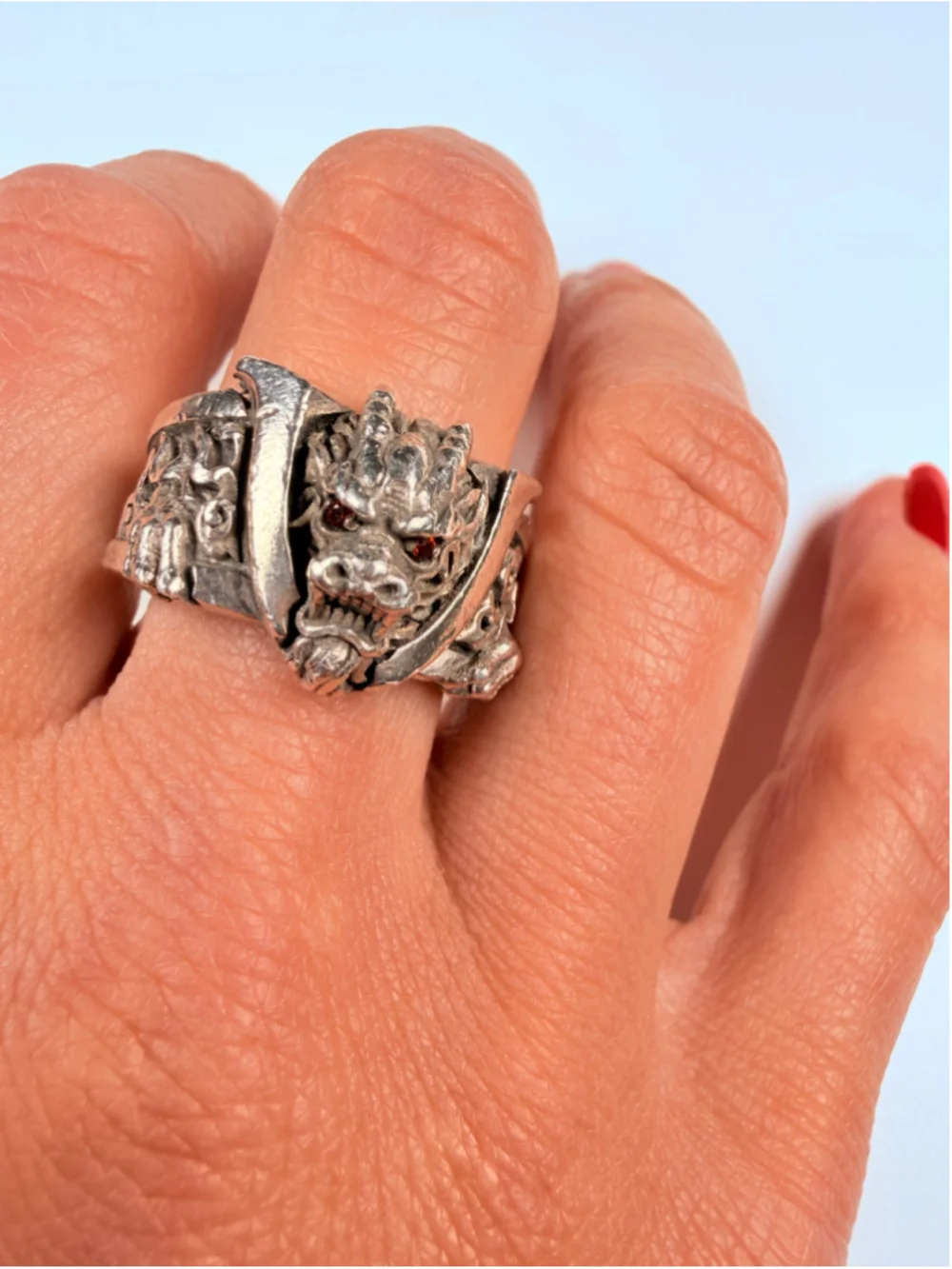 NightRider Bushido Dragon Red Garnet Eye 925 Sterling Silver Warrior Ring $655